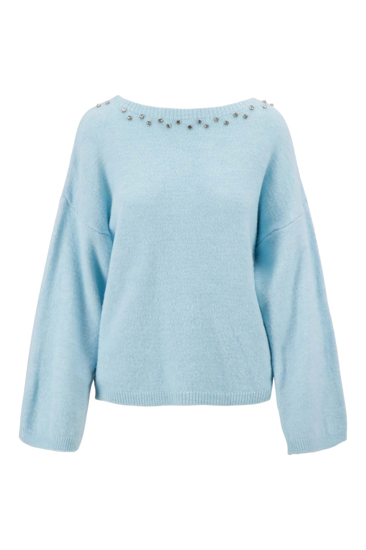Sweater : Fluffy Sweater with Rhinestone Neckline in Winter Breeze van Vandaliamo