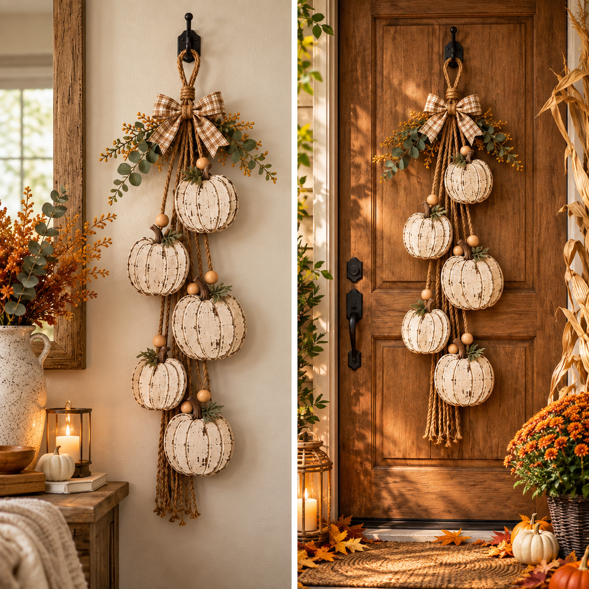 Wooden Pumpkin Door Hanger - 5-Piece Set with Plaid Bow