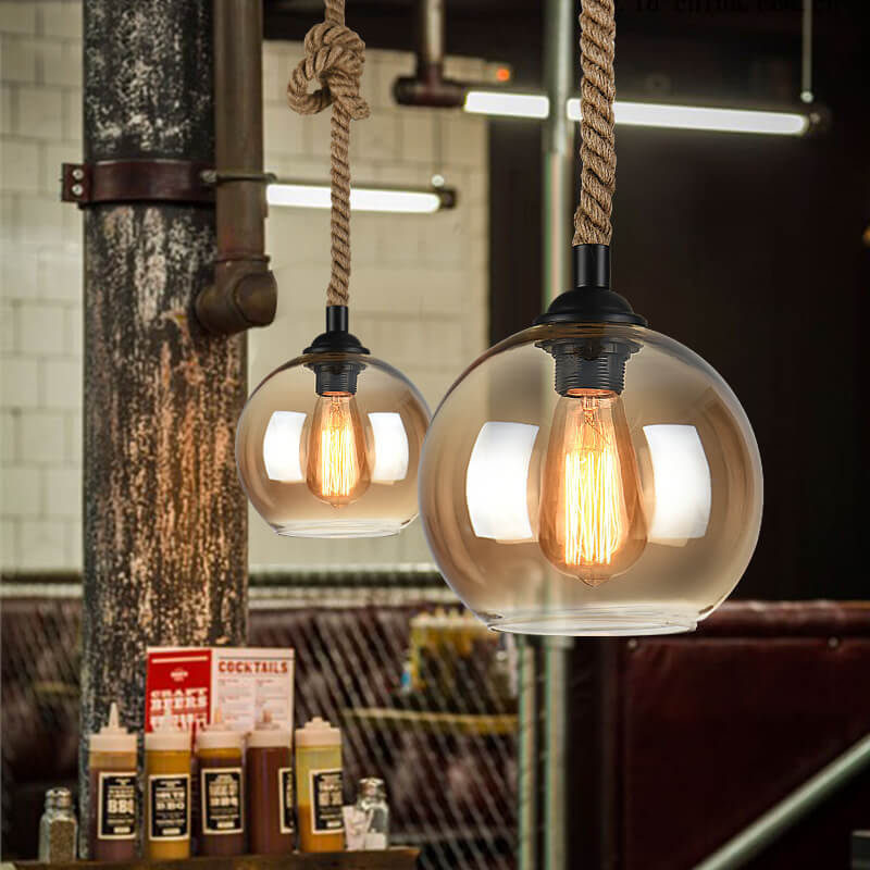 Glass Globe Pendant Lamp with Hemp Rope - Vintage Lighting Design