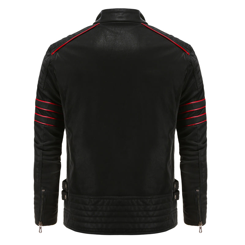 Men's Biker Jacket in Faux Leather with Contrast Stripe Detail