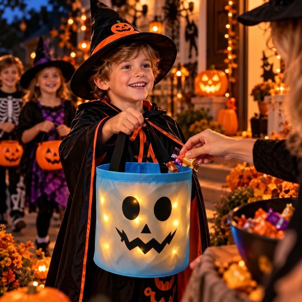LED Pumpkin Candy Basket with Handle for Halloween