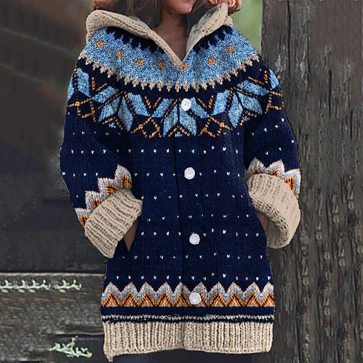 Women's Hooded Knit Cardigan with Fair Isle Pattern