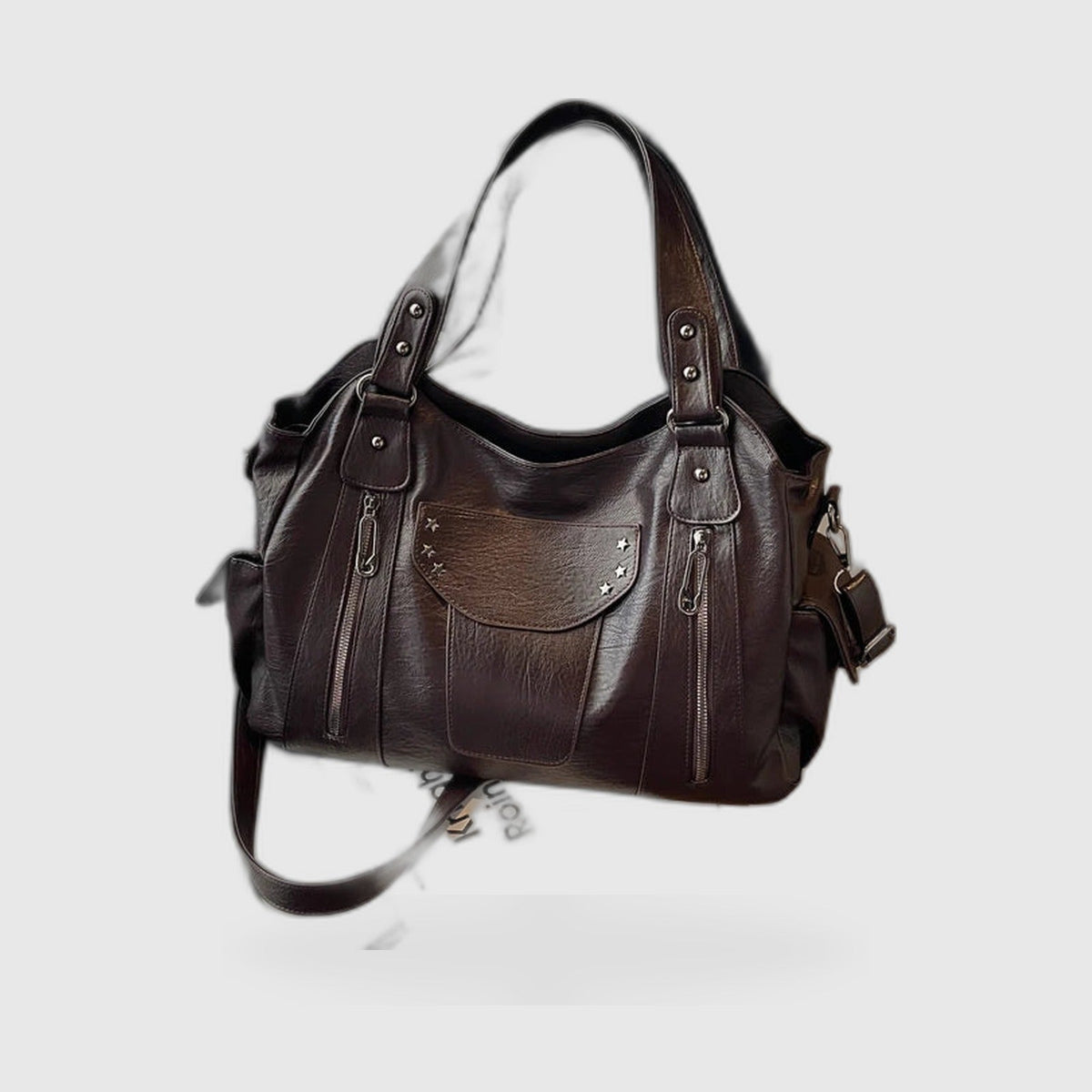 Hobo Bag : Rivet-Accent Leather Hobo Bag – Large Capacity Shoulder Tote in Coffee van Vanda Liamo