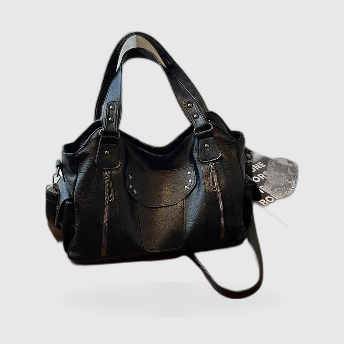 Hobo Bag : Rivet-Accent Leather Hobo Bag – Large Capacity Shoulder Tote in Black van Vanda Liamo