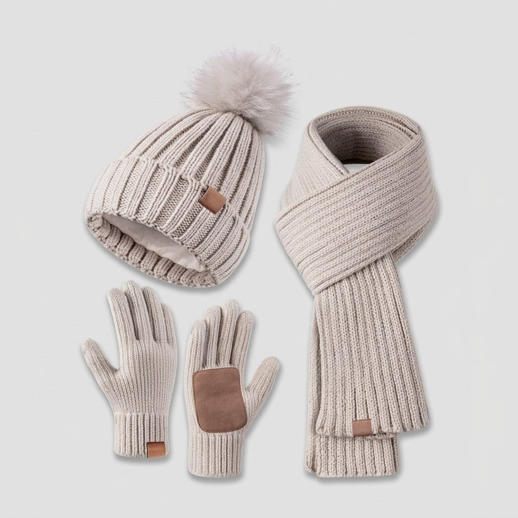 Winter Accessories : 3-in-1 Winter Set - Knit Hat, Scarf, and Touchscreen Gloves in Beige van Vanda Liamo