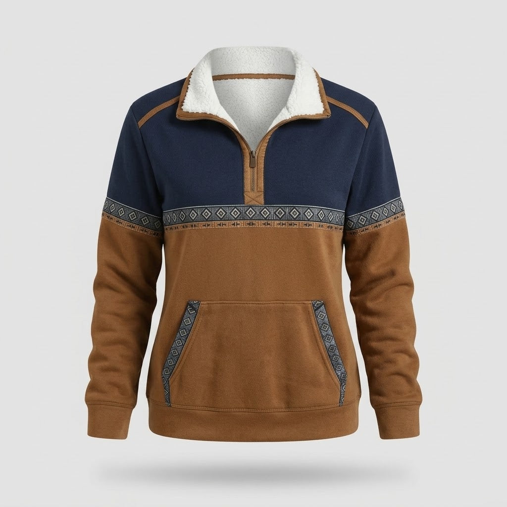 Knitwear : Women's Sweater - Half-Zip with Sherpa Collar, Cognac in van Vanda Liamo