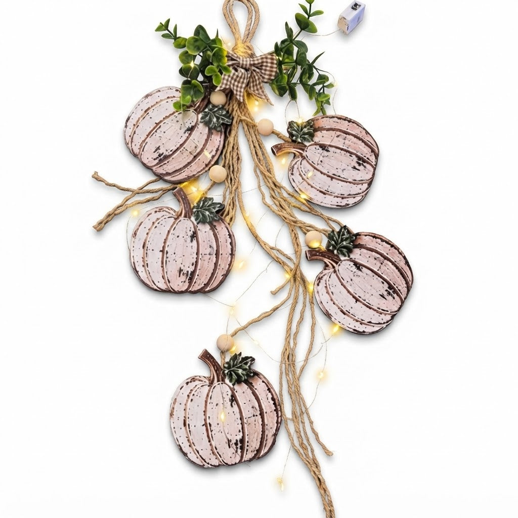 Wooden Pumpkin Door Hanger - 5-Piece Set with Plaid Bow