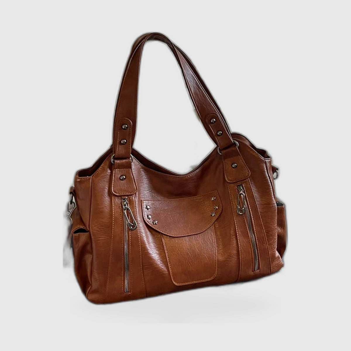 Hobo Bag : Rivet-Accent Leather Hobo Bag – Large Capacity Shoulder Tote in Brown van Vanda Liamo