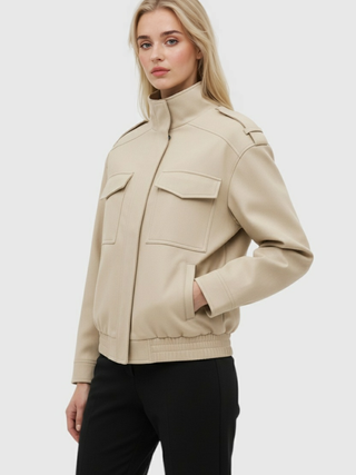 Beige Bomber Jacket with Stand Collar