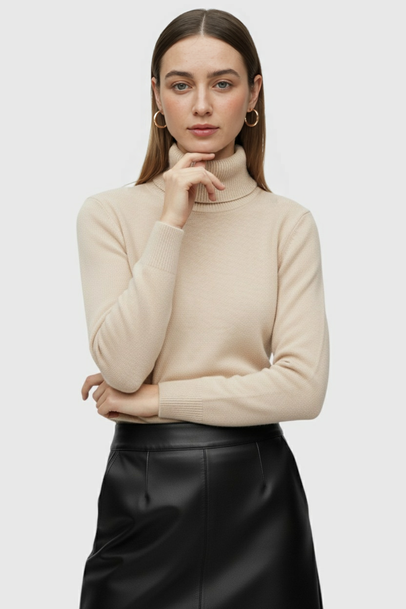 Women's Sweaters : Beige Fleece Lined Thermal Turtleneck Sweater in van Vanda Liamo