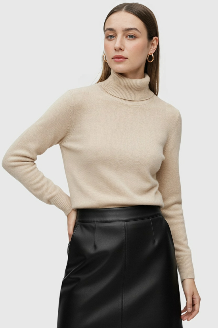 Women's Sweaters : Beige Fleece Lined Thermal Turtleneck Sweater in van Vanda Liamo