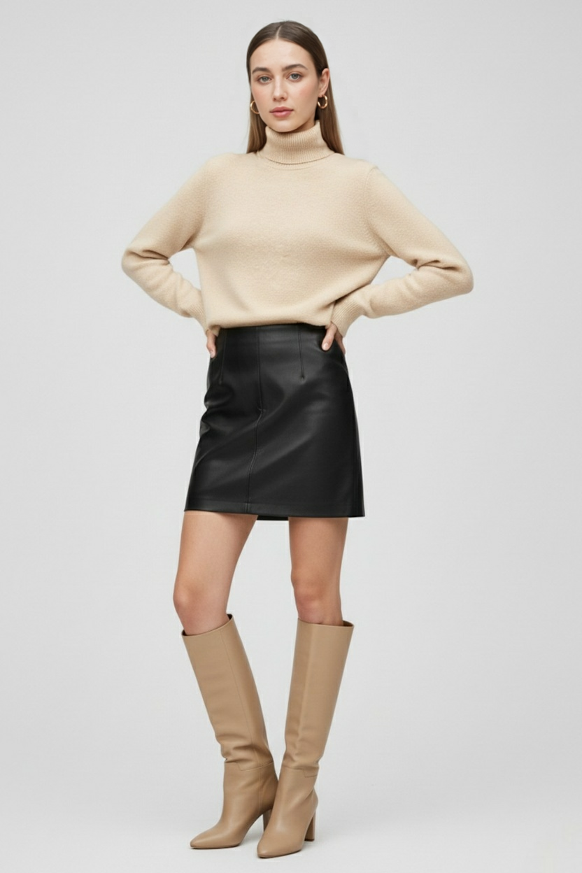 Women's Sweaters : Beige Fleece Lined Thermal Turtleneck Sweater in van Vanda Liamo