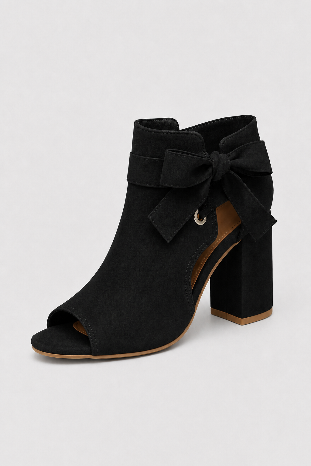 Zwarte peep toe enkellaarsjes – Blokhak sandalen met strikdetail