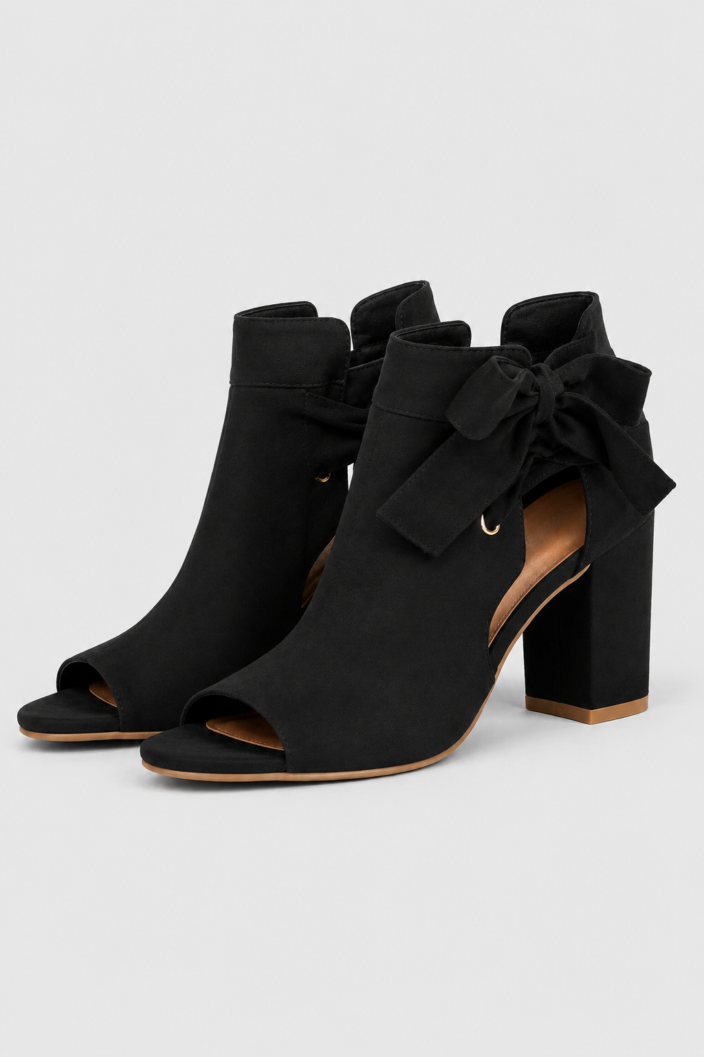 Zwarte peep toe enkellaarsjes – Blokhak sandalen met strikdetail