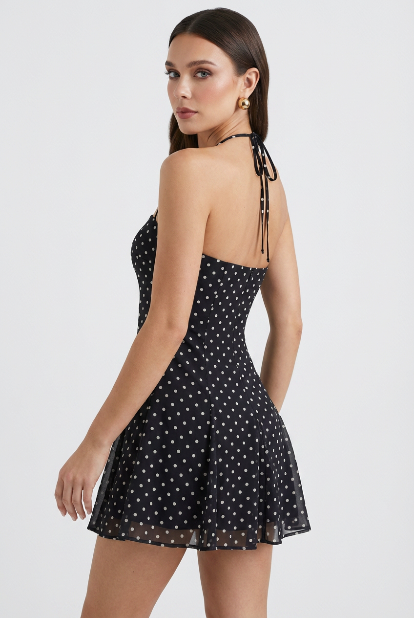 Dress : Black Polka Dot Halter Mini Dress - Flattering Fit for Summer Events in van Vanda Liamo