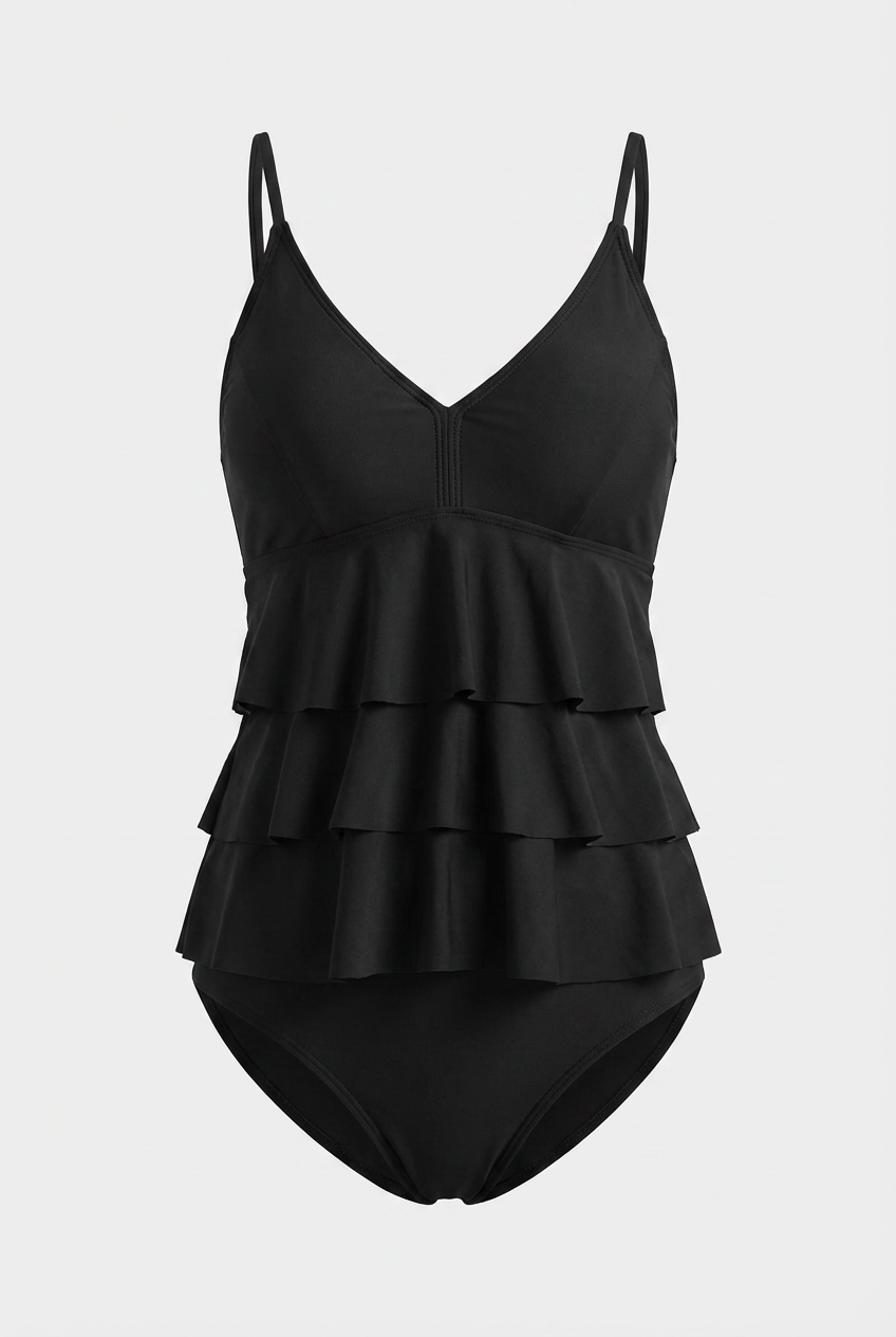 Two-Piece Swimsuit : Black Ruffle Bikini Set - Chic Solid Two Piece Swimsuit in Black van Vanda Liamo