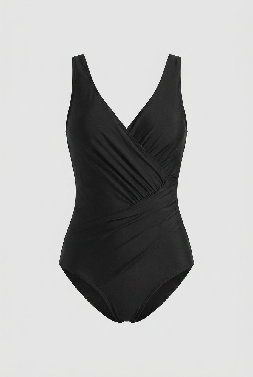 Swimwear : Black Tummy Control One-Piece Swimsuit - Slimming Ruched Wrap Design in Black van Vandaliamo