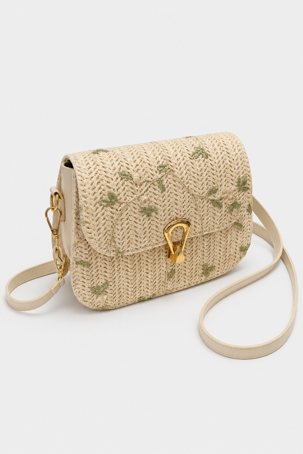 Botanical Patterned Curved Shoulder Bag – Textured Silhouette with Polished Clasp