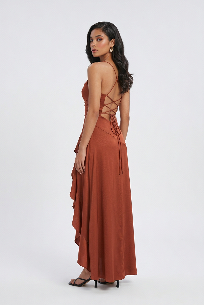 Maxi Dresses : Women's Brick Red Lace-Up Back Maxi Dress with Adjustable Straps in van Vanda Liamo
