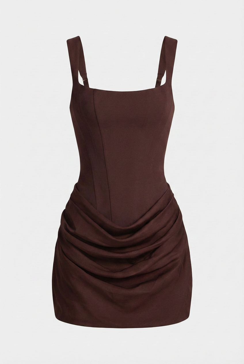 Dress : Brown Draped Hourglass Mini Dress - Chic Mocha Style for Cocktail Parties in Mocha van Vanda Liamo