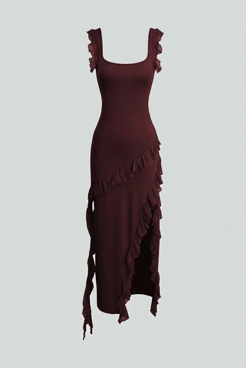 Women's Dresses : Brown Summer Maxi Dress - Sexy Open Back and High Slit in Brown van Vanda Liamo