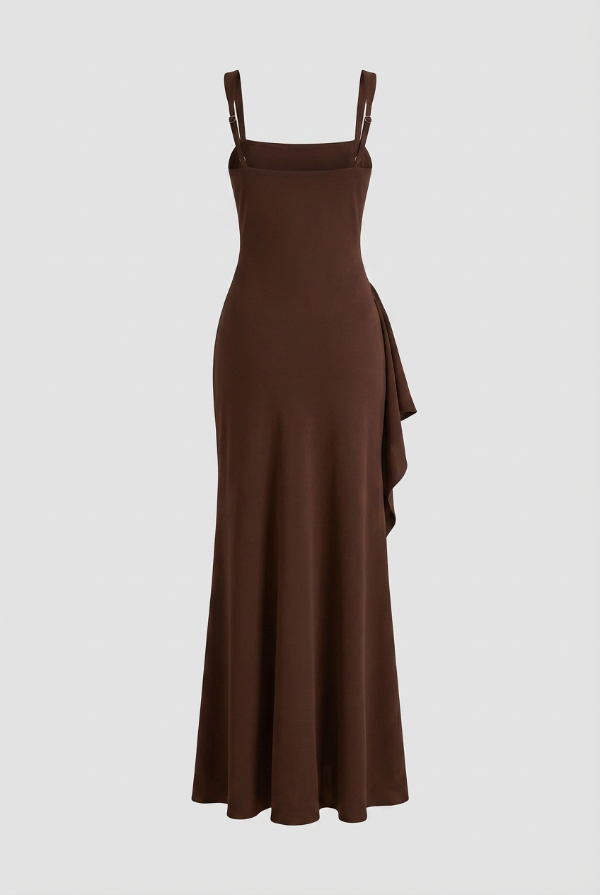 Dress : Women's Mocha Brown Square Neck Fit & Flare Midi Dress with Slit in van Vanda Liamo