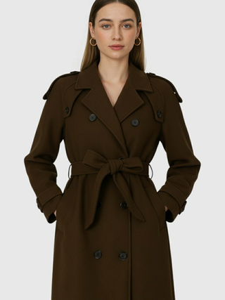 Women's Classic Long Brown Double-Breasted Trench Coat with Belt