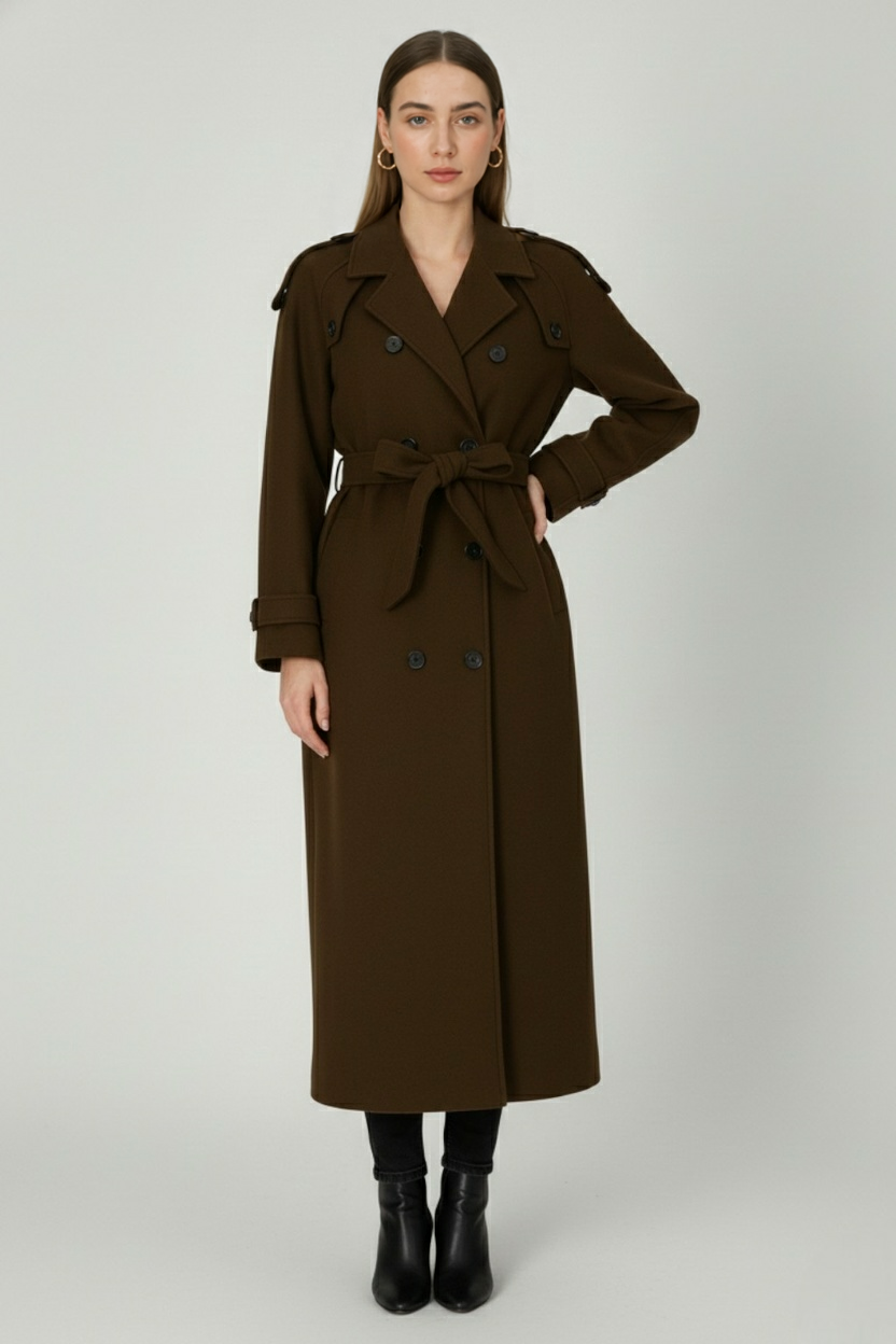 Coat : Women's Classic Long Brown Double-Breasted Trench Coat with Belt in van Vanda Liamo