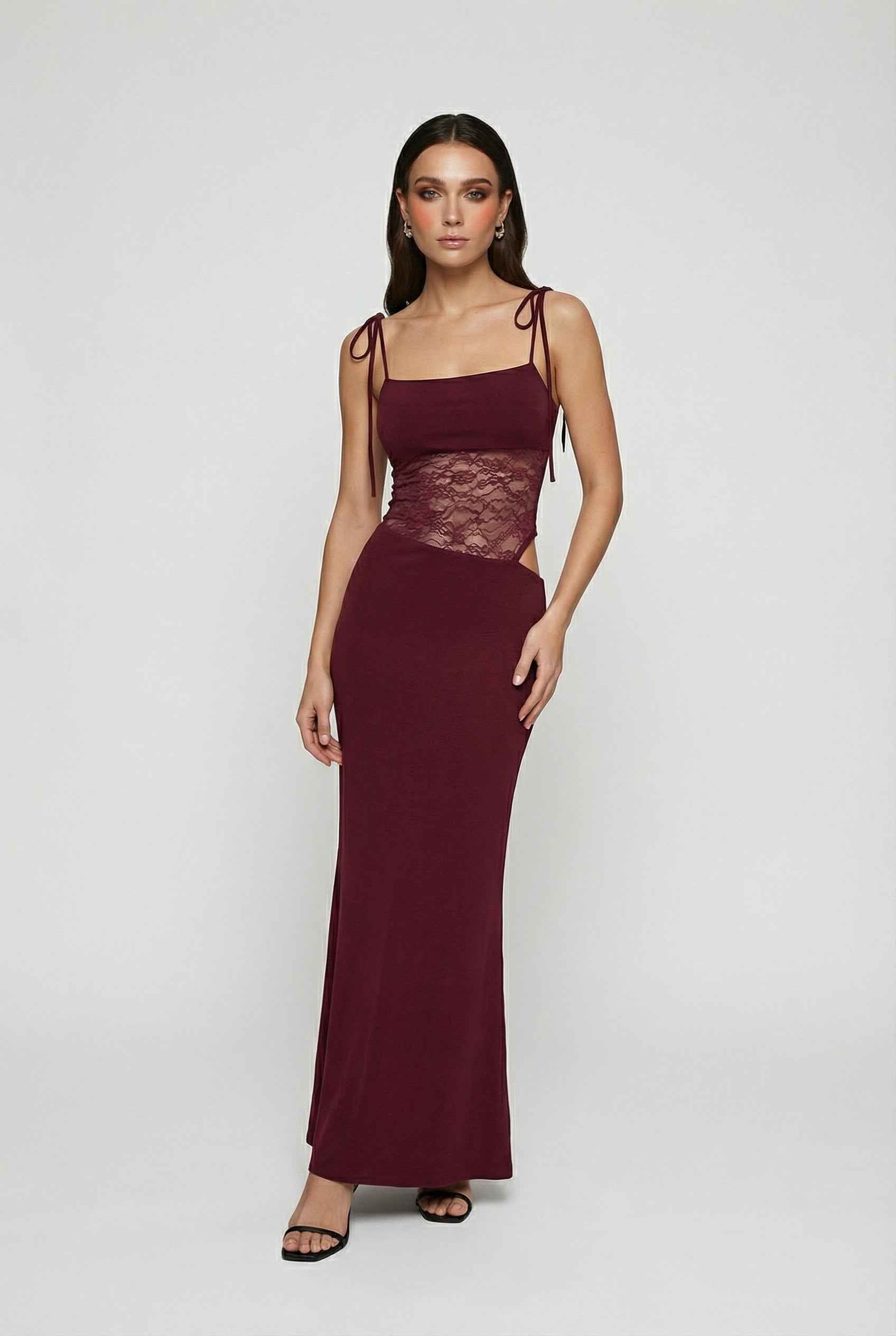 Women's Dresses : Women's Burgundy Lace Bodycon Maxi Dress with Spaghetti Straps in van Vanda Liamo
