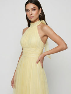 Women's Yellow High Neck Midi Dress - Elegant & Comfortable