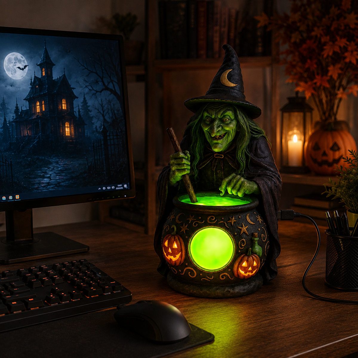 Witch Cauldron Resin Table Lamp with Neon Green LED