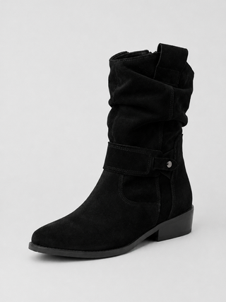 Women's Black Suede Retro Ankle Boots - Classic Block Heel & Side Zip