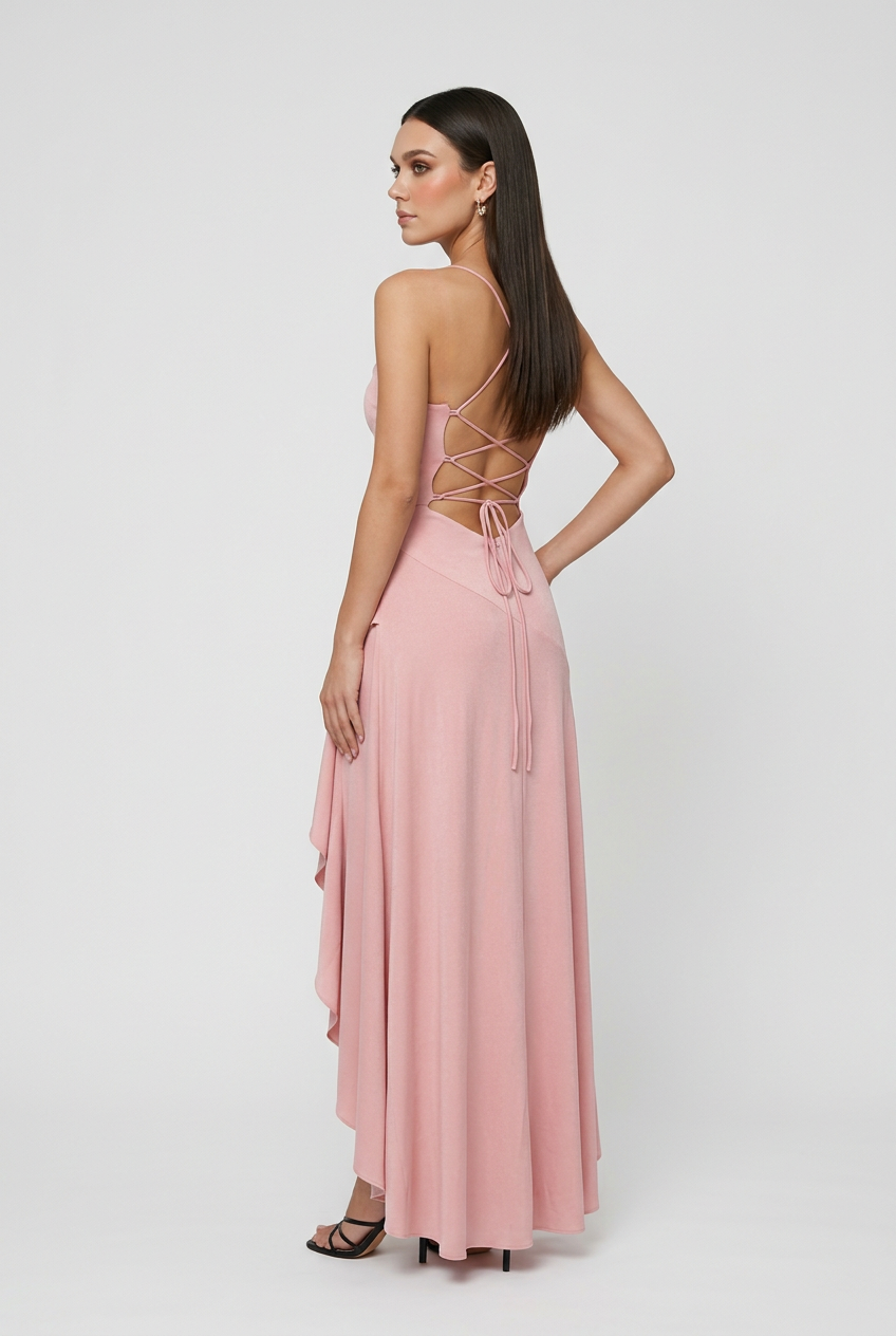 Maxi Dresses : Women's Pink Flowy Asymmetric Hem Maxi Dress - Elegant Summer Party Gown in van Vanda Liamo