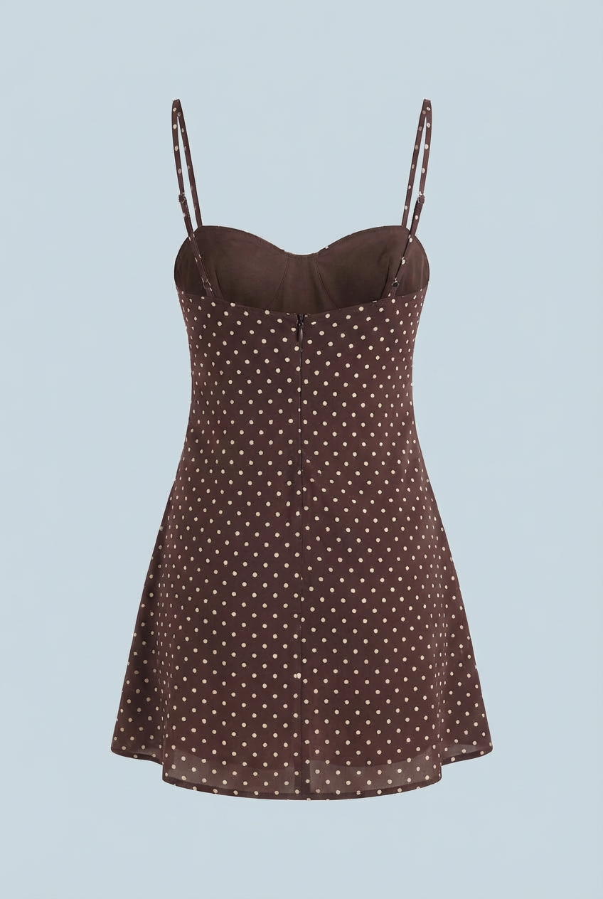 Dress : Women's Retro Chocolate Brown Polka Dot Mini Dress with Frill Hem in van Vanda Liamo