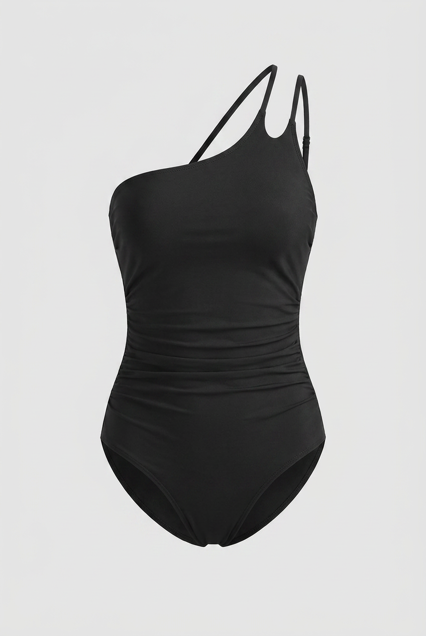 Swimwear : Classic Black One-Shoulder Swimsuit – Adjustable Ruched Bodysuit in Black van Vandaliamo