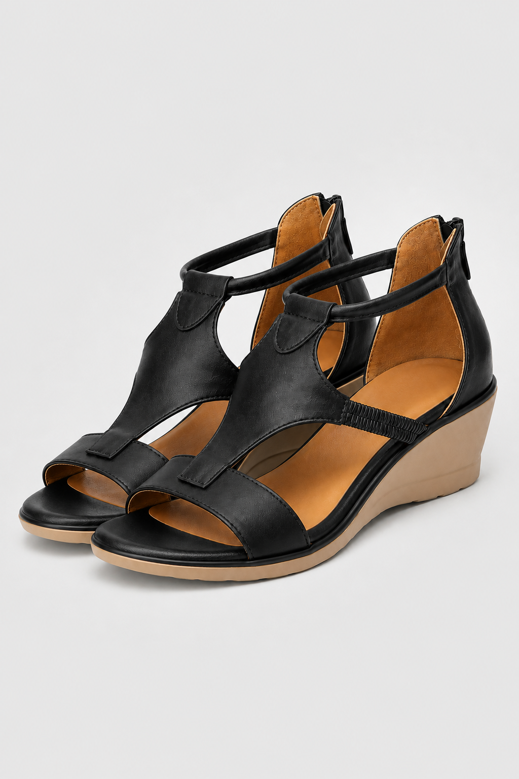 Classic Black Open Toe Wedges – Supportive T-Strap Summer Sandals