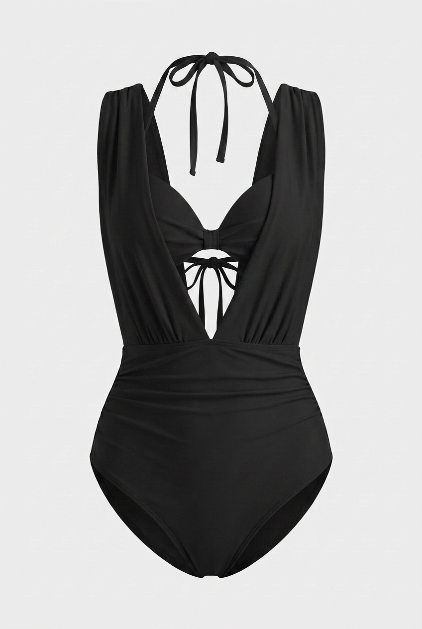 Swimwear : Classic Black Plunge Halter Swimsuit – Slimming Deep V-Neck One-Piece in Black van Vandaliamo