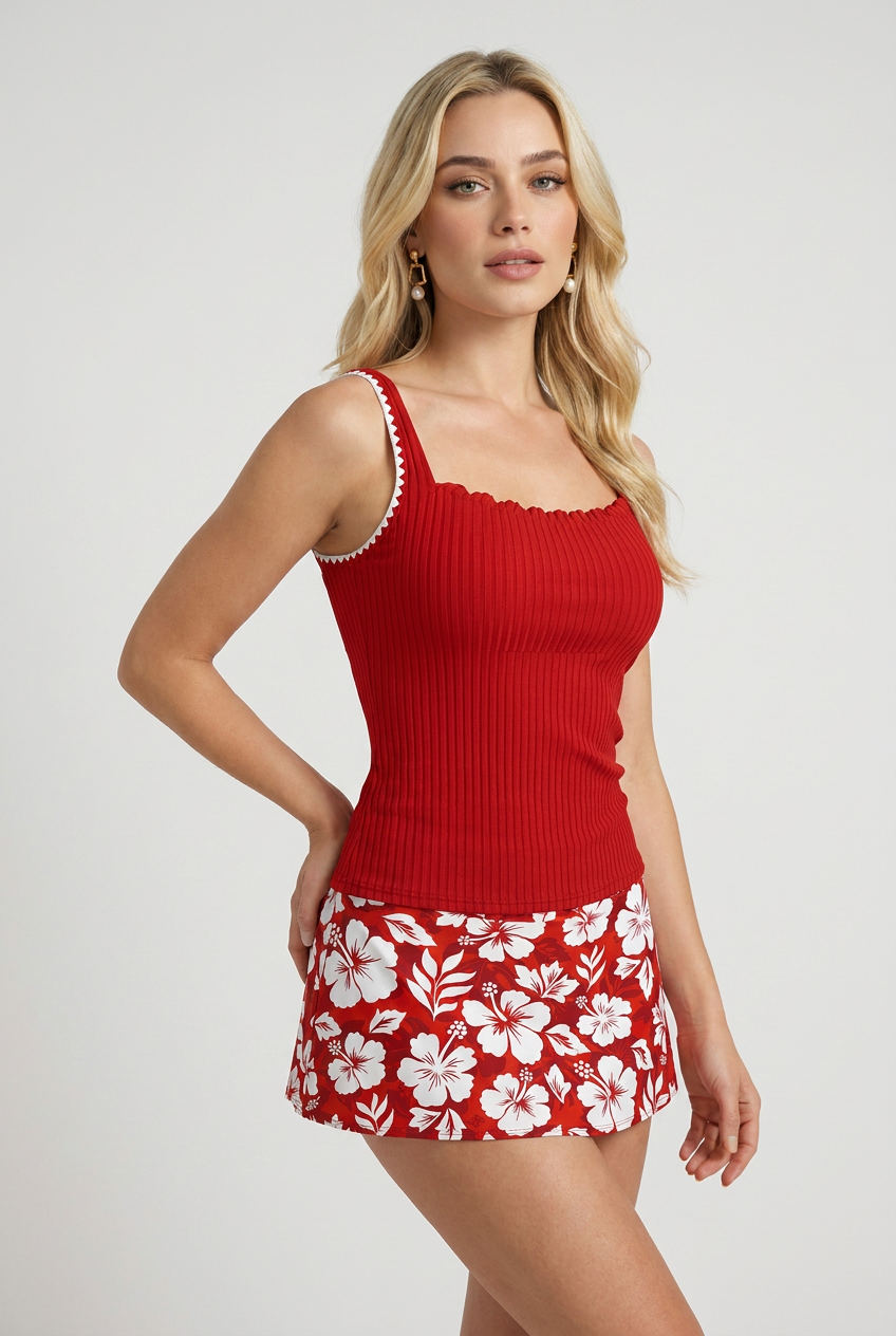 Swimwear : Classic Hibiscus Tankini Set – Bright Red 2-Piece Swimsuit with Ruffled Top in van Vandaliamo