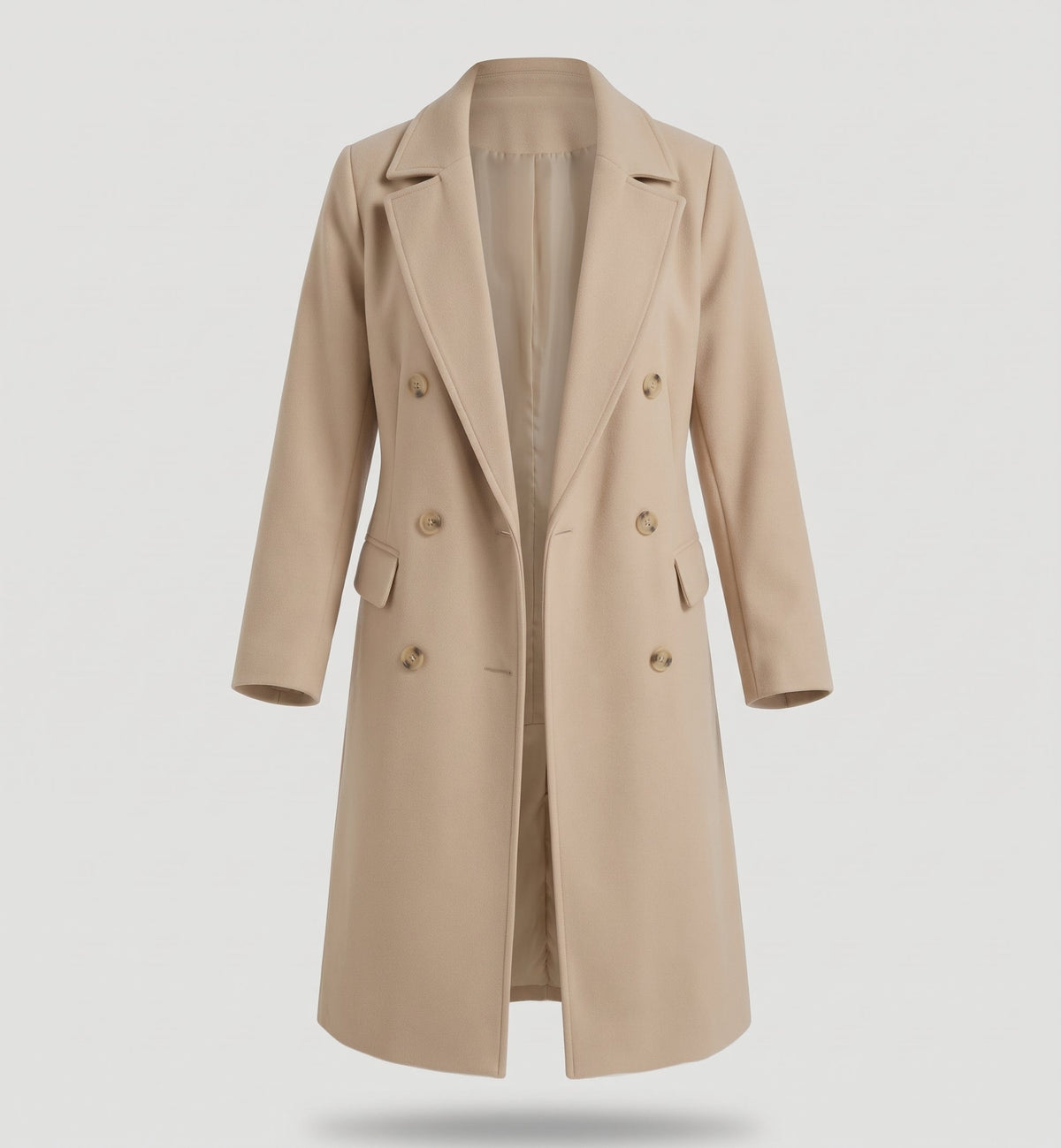 Fashion : Women's Double-Breasted Long Coat with Lapel Collar in Khaki van Vanda Liamo