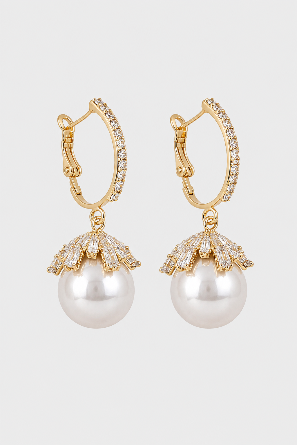 Crystal-Capped Pearl Drop Earrings – Pavé Leverback Hoop & Timeless Elegance