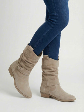 Women's Apricot Suede Block Heel Ankle Boots - Retro Chunky Mid Heel