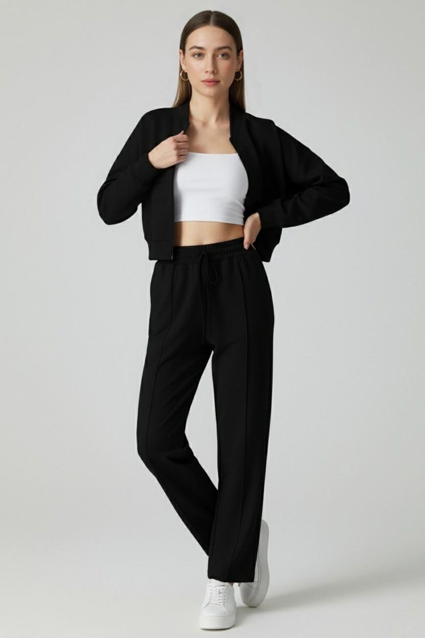 Women's Set : Women's Casual Black Sweatshirt Pants Set in van Vanda Liamo