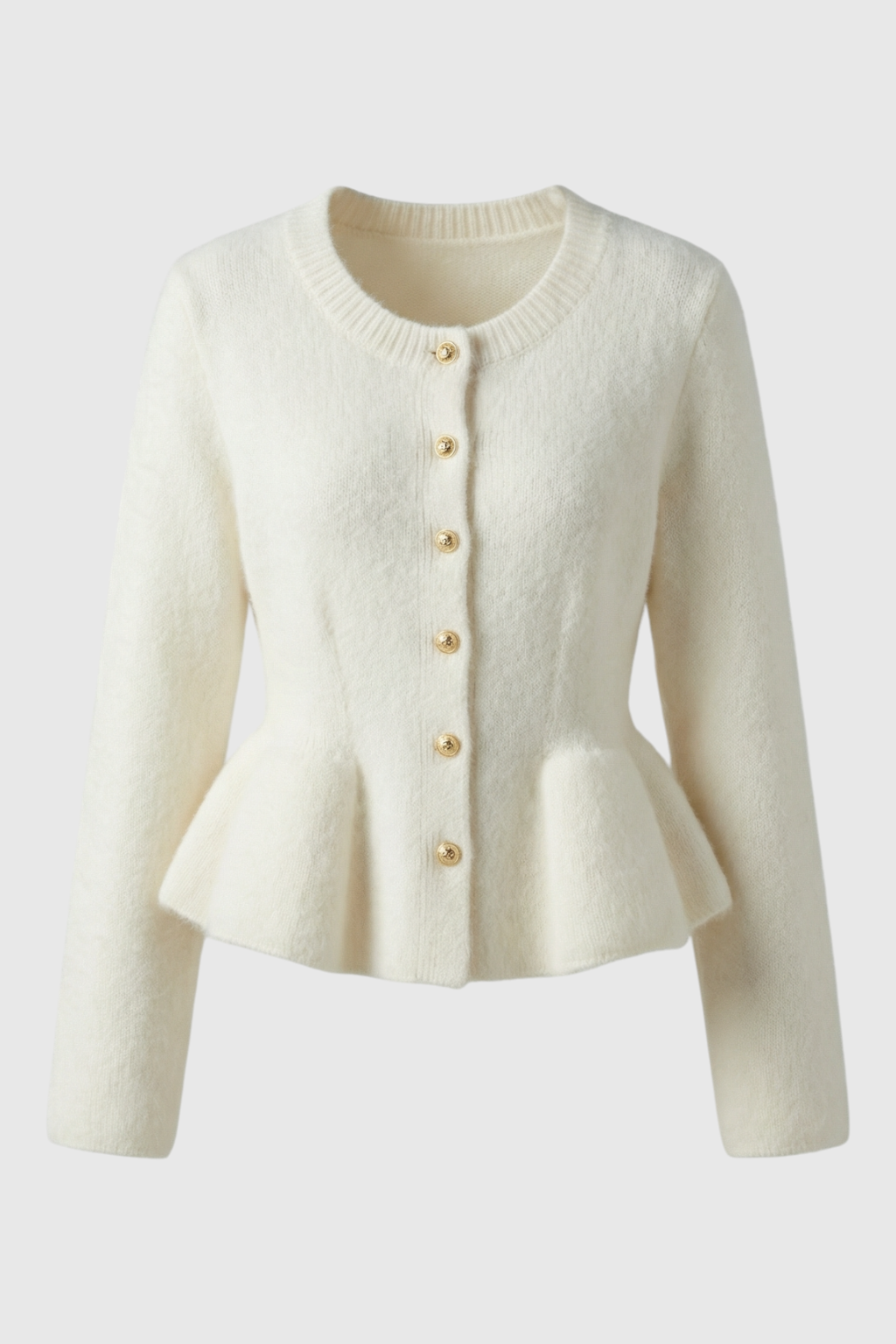 Cardigan : Women's Ruffled Knit Cardigan Sweater - Long Sleeve, Open Front in White van Vanda Liamo