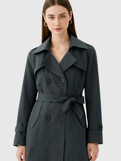 Women's Gray Mid-Length Double-Breasted Trench Coat with Belt