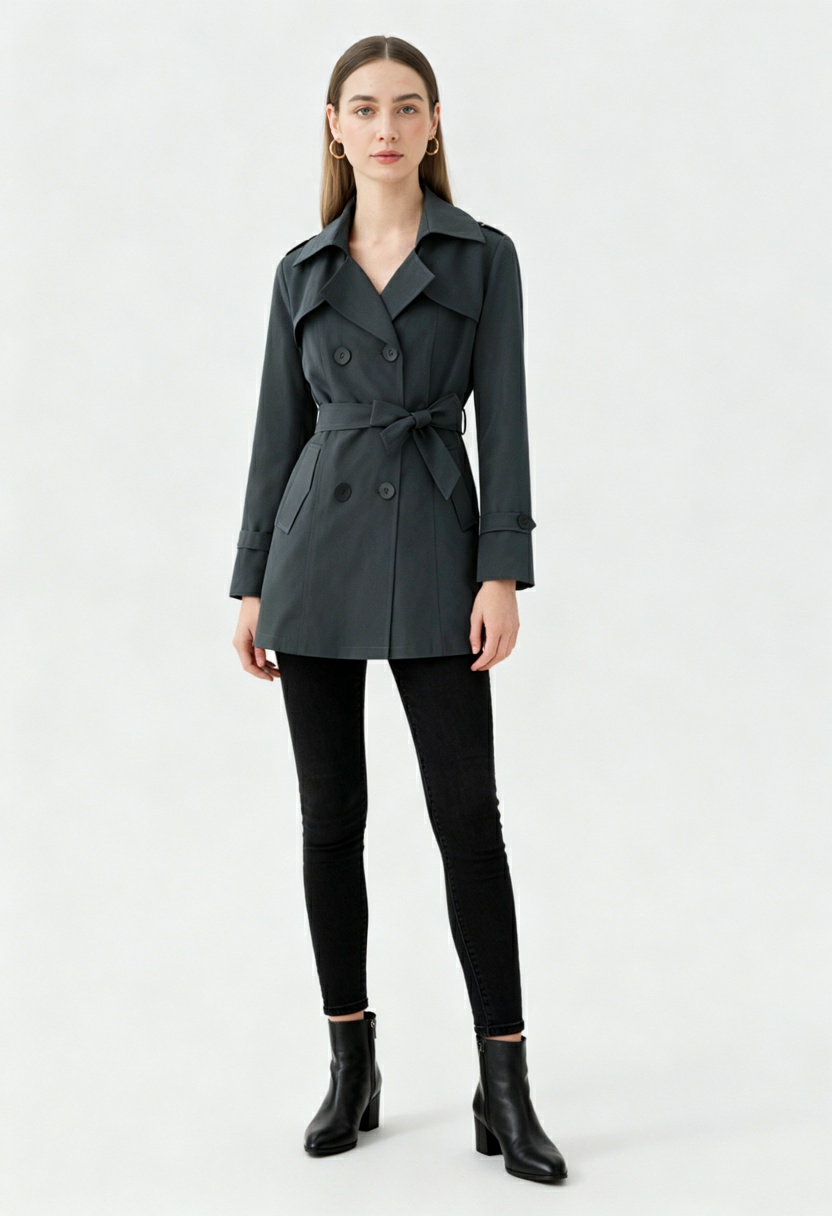 Coat : Women's Gray Mid-Length Double-Breasted Trench Coat with Belt in van Vanda Liamo