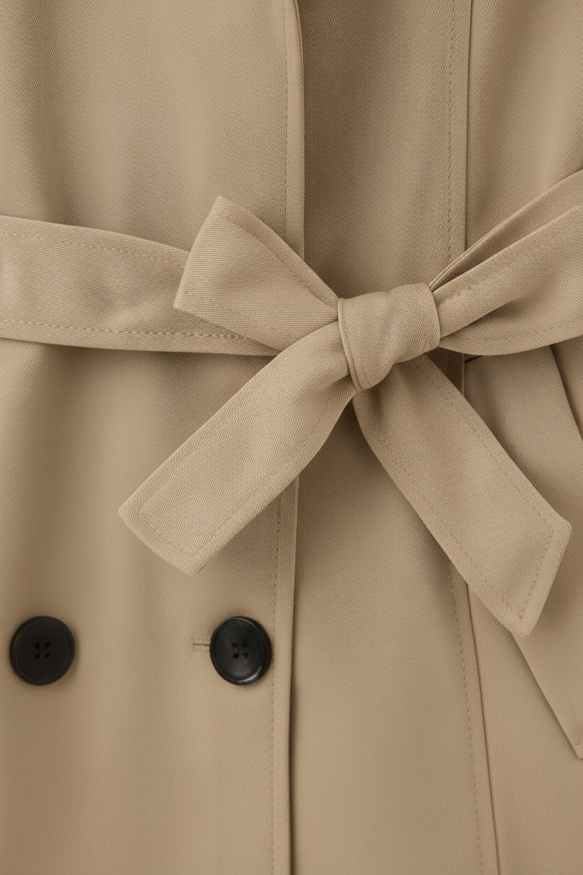 Coat : Women's Khaki Double-Breasted Mid-Length Trench Coat with Belted Waist in van Vanda Liamo