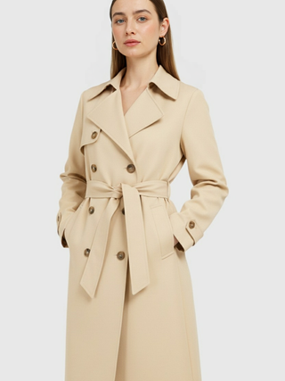 Women's Long Beige Trench Coat with Belt