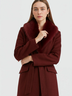 Women's Burgundy Long Faux Fur Collar Winter Coat for Cold Weather
