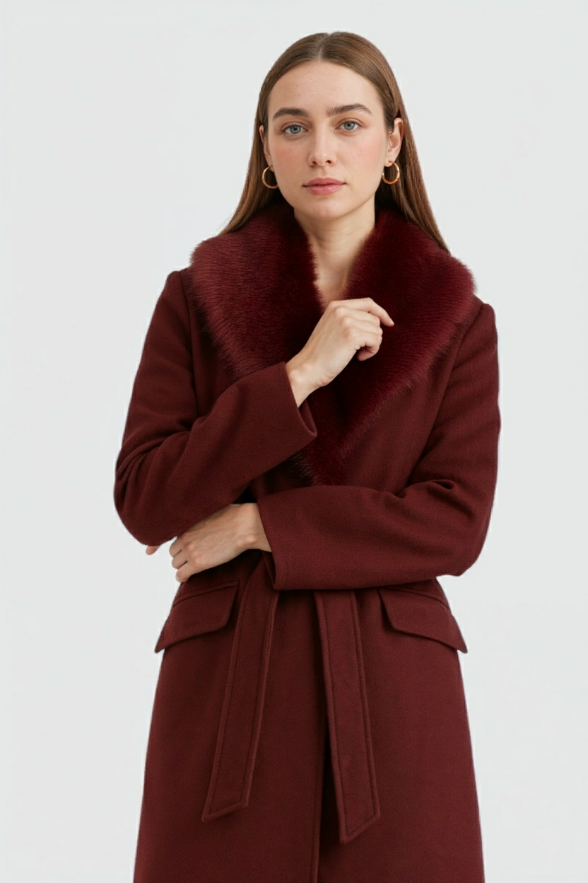 Coat : Women's Burgundy Long Faux Fur Collar Winter Coat for Cold Weather in van Vanda Liamo