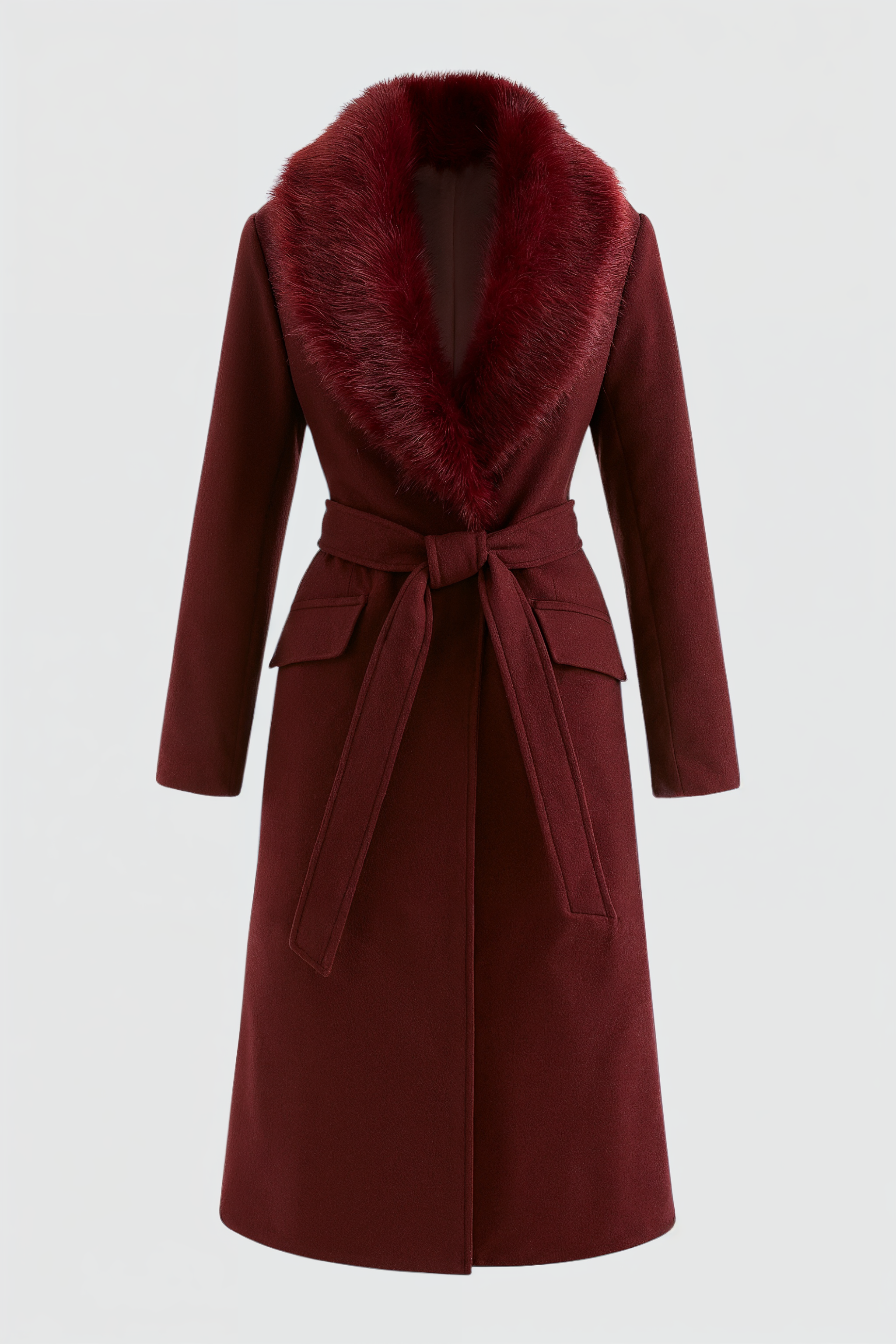 Coat : Women's Burgundy Long Faux Fur Collar Winter Coat for Cold Weather in Burgundy van Vanda Liamo